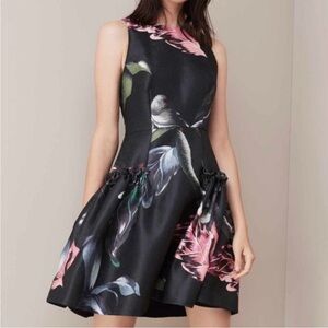 Ted Baker Sarahe A-Line Ruffle Satin Jacquard Eden Floral Dress Black US 6/Ted 2